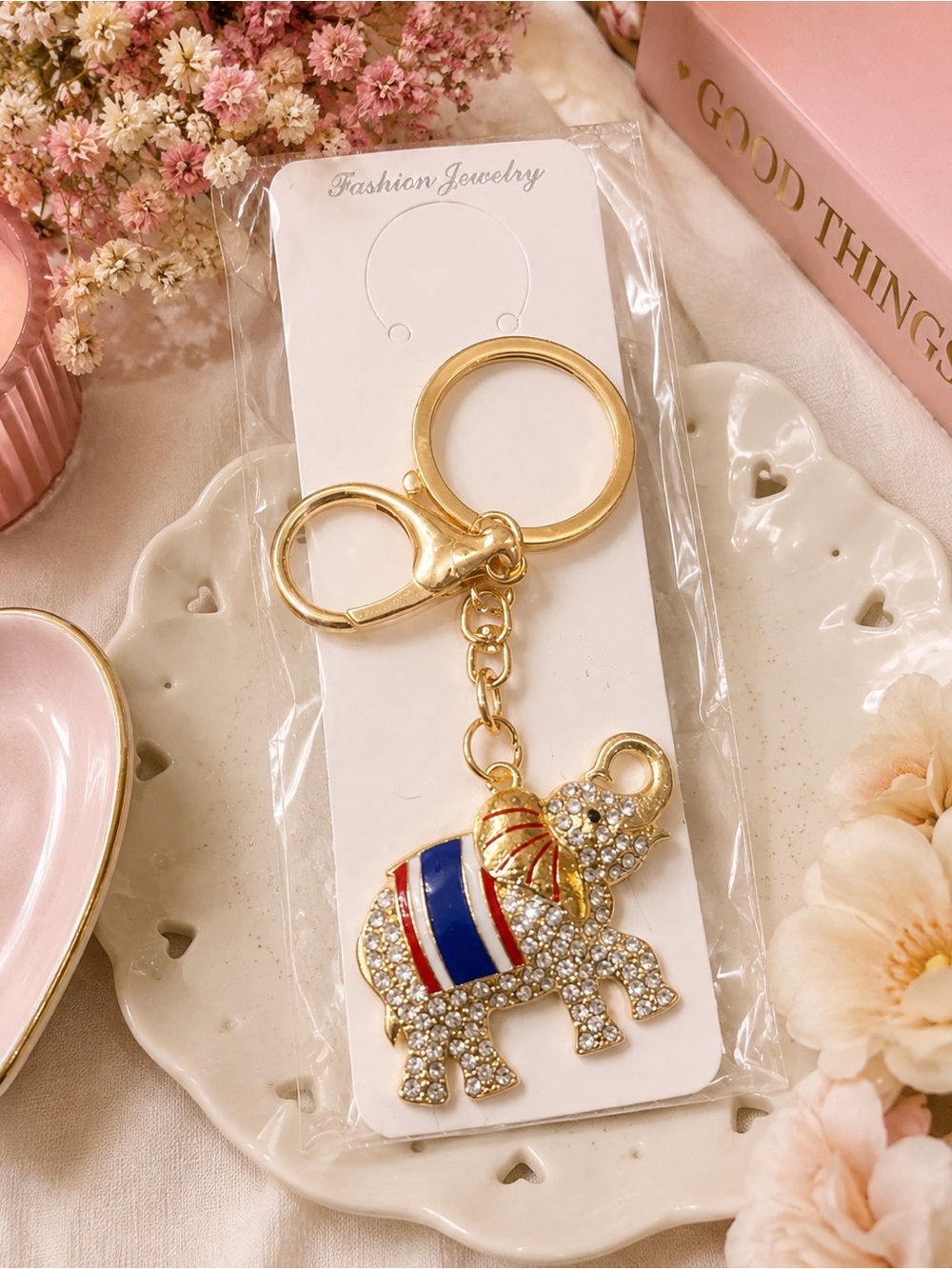 Gold Elephant Keychain with Red, White & Blue Enamel